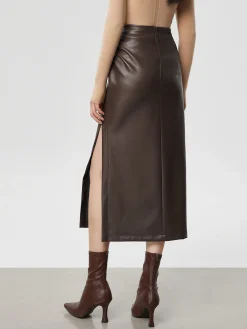 Sale Faux Leather Ruched Slit Midi Skirt Skirts|Bottoms