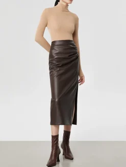 Sale Faux Leather Ruched Slit Midi Skirt Skirts|Bottoms