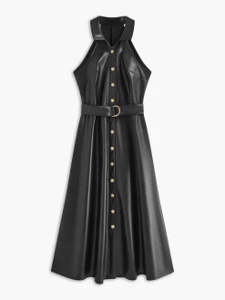 Clearance Faux Leather Sleeveless Belted Dress Dresses