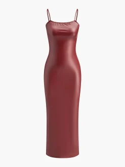 New Faux Leather Slim Cami Dress Casual Dresses|Cocktail & Party Dresses