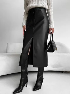 Faux Leather Slit Midi Skirt Skirts|Bottoms
