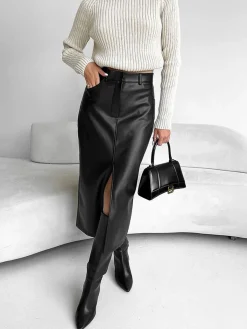 Faux Leather Slit Midi Skirt Skirts|Bottoms