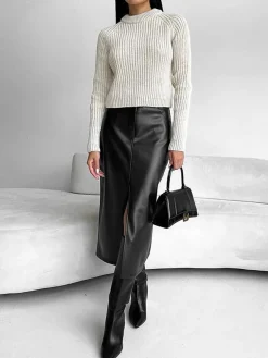 Faux Leather Slit Midi Skirt Skirts|Bottoms