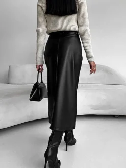 Faux Leather Slit Midi Skirt Skirts|Bottoms