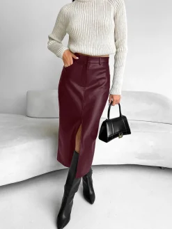 Faux Leather Slit Midi Skirt Skirts|Bottoms