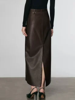 Hot Faux Leather Split Midi Skirt Skirts|Bottoms