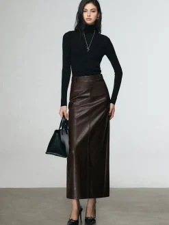 Hot Faux Leather Split Midi Skirt Skirts|Bottoms