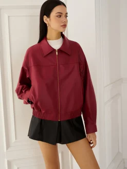 Sale Faux Leather Zip Polo Jacket Outerwear|Jackets