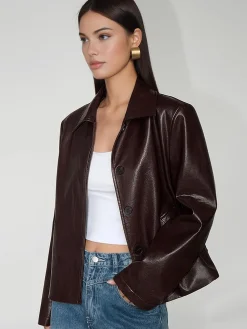 Discount Faux Leather Zipper Short Polo Jacket Outerwear|Jackets