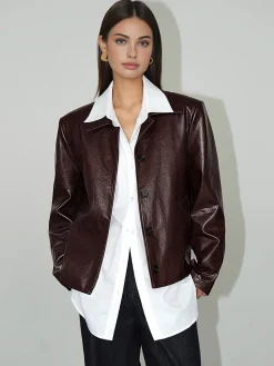 Discount Faux Leather Zipper Short Polo Jacket Outerwear|Jackets