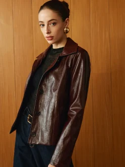 Discount Faux Leather Zipper Short Polo Jacket Outerwear|Jackets