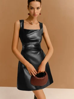 Clearance Faux Leather Zipper Strappy Dress Black Dresses|Casual Dresses