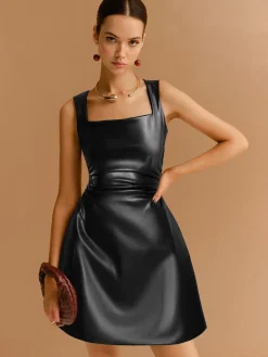 Clearance Faux Leather Zipper Strappy Dress Black Dresses|Casual Dresses