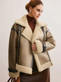 Online Faux Leather Zipper Teddy Coat Outerwear|Coats