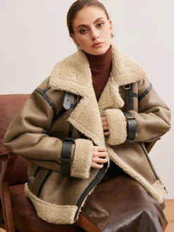 Online Faux Leather Zipper Teddy Coat Outerwear|Coats
