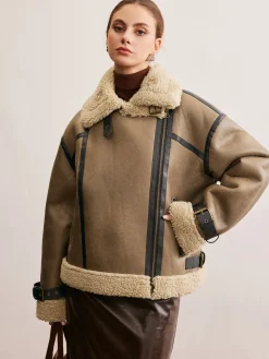 Online Faux Leather Zipper Teddy Coat Outerwear|Coats