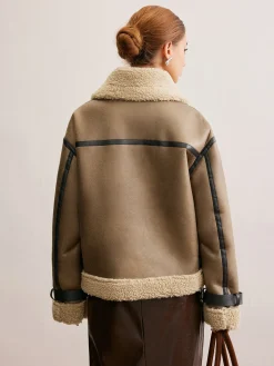 Online Faux Leather Zipper Teddy Coat Outerwear|Coats
