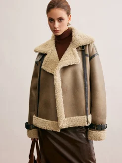 Online Faux Leather Zipper Teddy Coat Outerwear|Coats