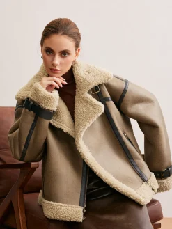 Online Faux Leather Zipper Teddy Coat Outerwear|Coats
