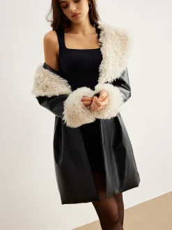Sale Feather Collar Faux Leather Jacket Without Belt Outerwear|Jackets