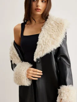 Sale Feather Collar Faux Leather Jacket Without Belt Outerwear|Jackets