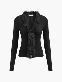 Feather Trim Wool-Blend Slim Sweater Sweater Tops|Sweaters & Cardigans
