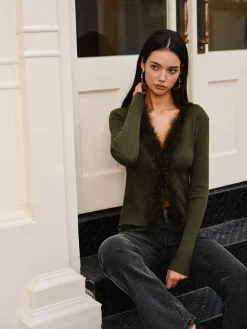 Feather Trim Wool-Blend Slim Sweater Sweater Tops|Sweaters & Cardigans