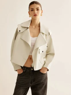 Best Flap-Pocket Faux Leather Jacket Outerwear|Jackets