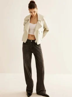 Best Flap-Pocket Faux Leather Jacket Outerwear|Jackets