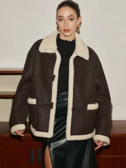 Sale Fleece Lined Faux Leather Lapel Coat Outerwear|Coats