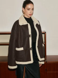 Sale Fleece Lined Faux Leather Lapel Coat Outerwear|Coats