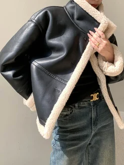 Fleece Lined Faux Leather Jacket Outerwear|Jackets