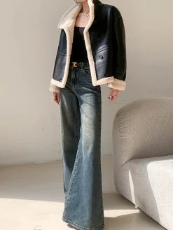 Fleece Lined Faux Leather Jacket Outerwear|Jackets