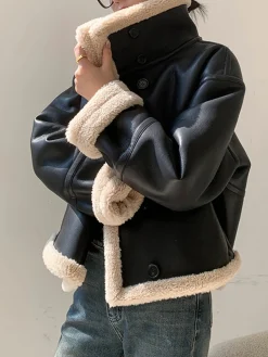 Fleece Lined Faux Leather Jacket Outerwear|Jackets
