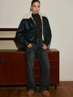 Hot Fleece Lined Faux Leather Zipper Coat Outerwear|Coats
