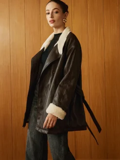 New Fleecing PU Leather Belted Jacket Outerwear|Jackets