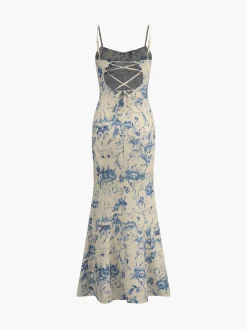 Floral Backless Lace-Up Long Dress Casual Dresses|Floral Dresses