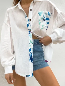 Discount Floral Button Up Bishop Sleeve Shirt Blouses & Shirts