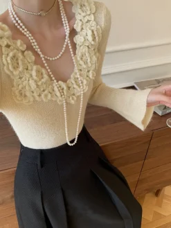 Best Floral Collar Ribbed Knit Top Sweater Tops|Sweaters & Cardigans