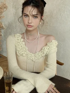 Best Floral Collar Ribbed Knit Top Sweater Tops|Sweaters & Cardigans