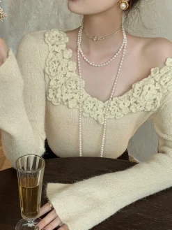 Best Floral Collar Ribbed Knit Top Sweater Tops|Sweaters & Cardigans