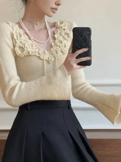 Best Floral Collar Ribbed Knit Top Sweater Tops|Sweaters & Cardigans
