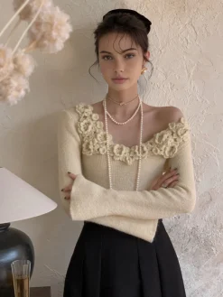 Best Floral Collar Ribbed Knit Top Sweater Tops|Sweaters & Cardigans