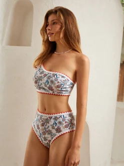 Best Floral Contrast Binding One Shoulder Bikini Set Swimwear|Tops
