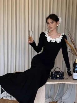 Hot Floral Decor Pleated Sweater Dress Black Dresses|Sweater Dresses