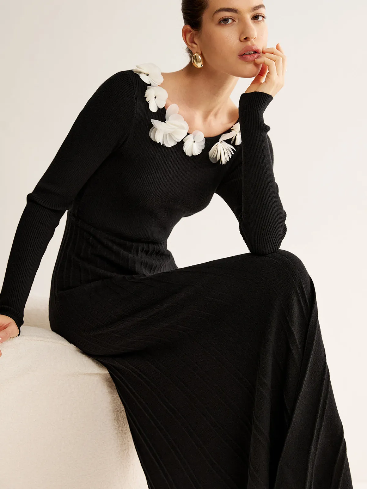 Hot Floral Decor Pleated Sweater Dress Black Dresses|Sweater Dresses