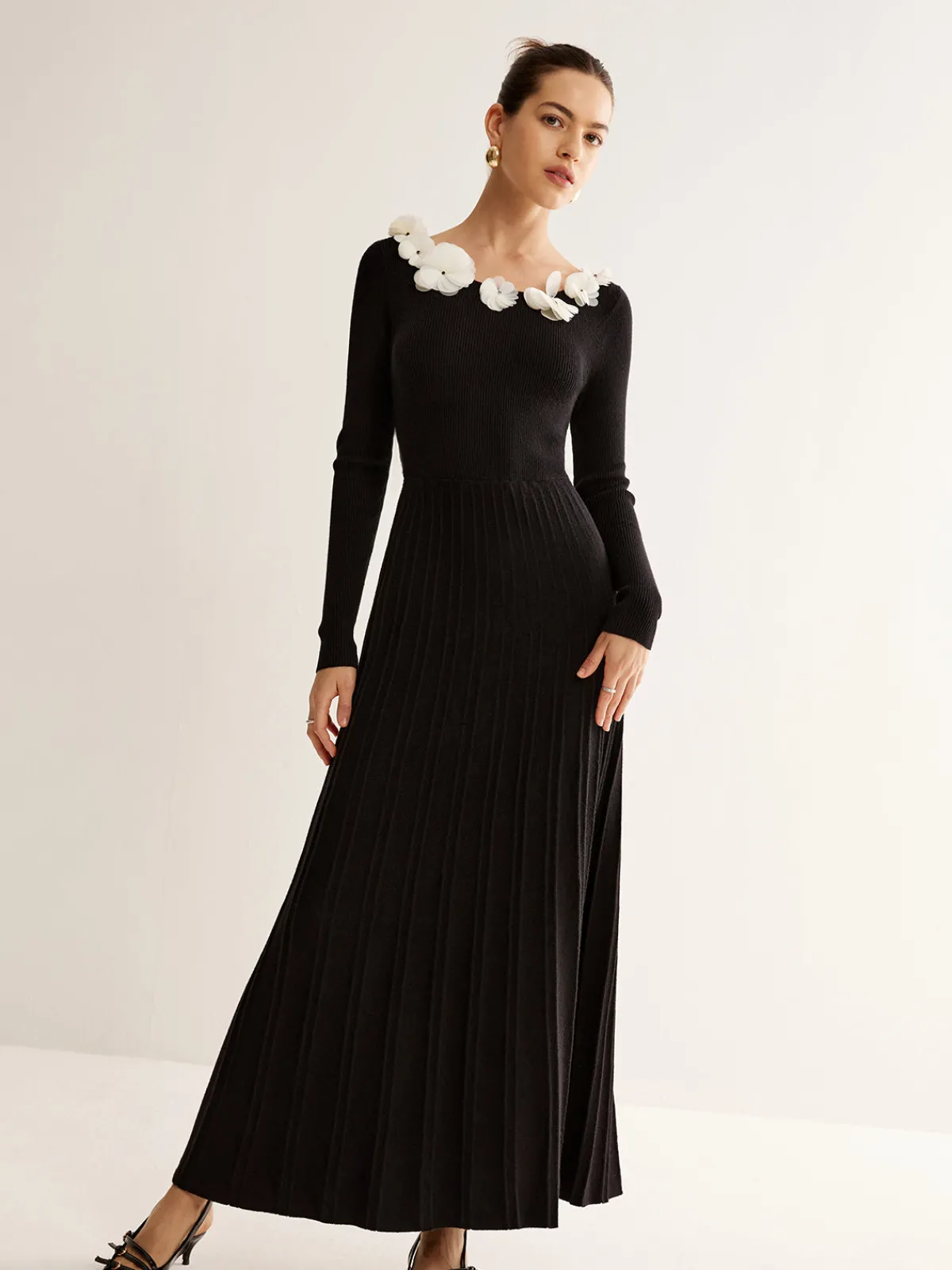 Hot Floral Decor Pleated Sweater Dress Black Dresses|Sweater Dresses