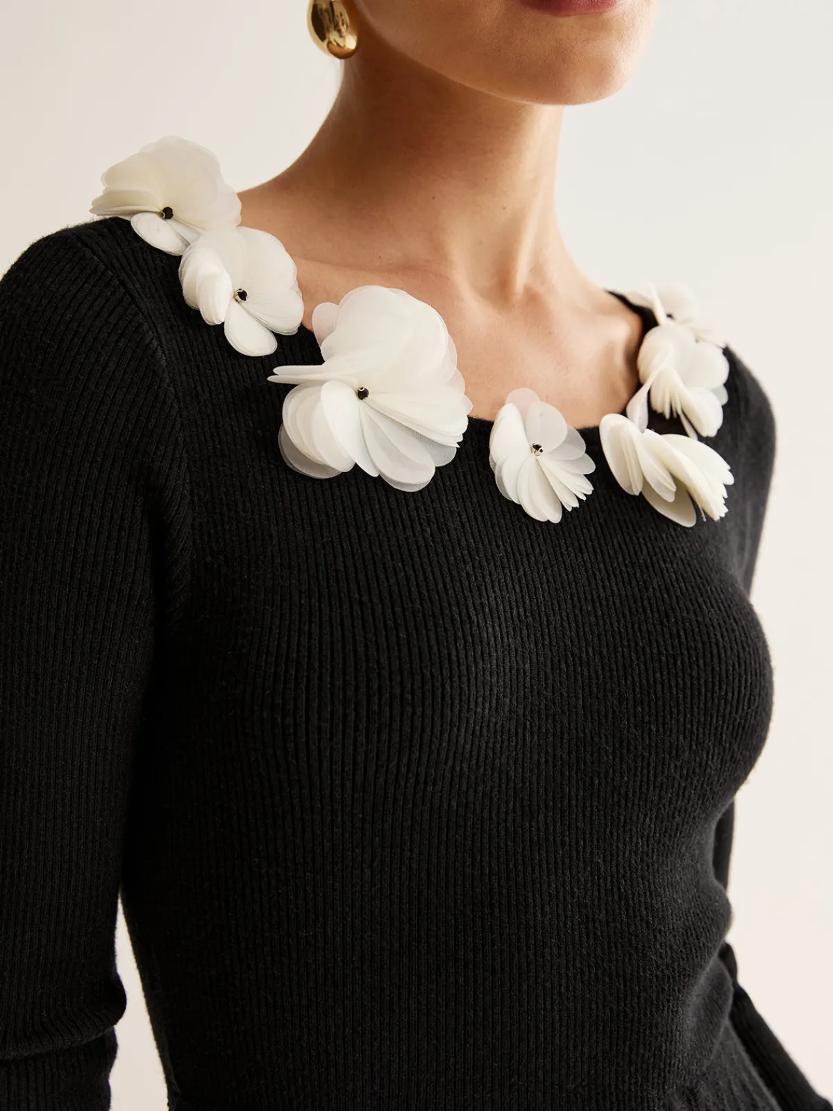 Hot Floral Decor Pleated Sweater Dress Black Dresses|Sweater Dresses