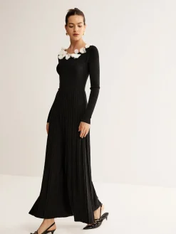 Hot Floral Decor Pleated Sweater Dress Black Dresses|Sweater Dresses