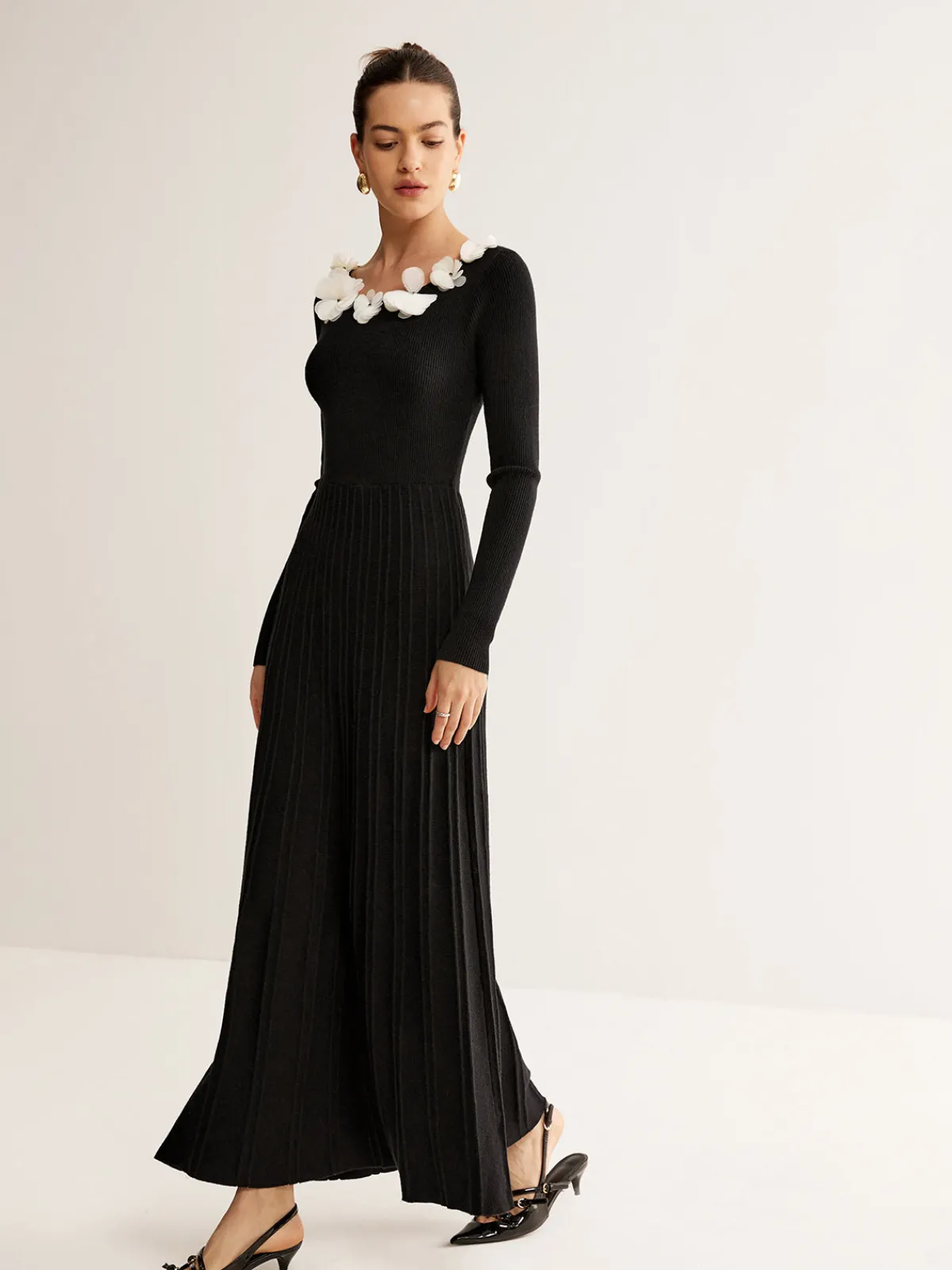 Hot Floral Decor Pleated Sweater Dress Black Dresses|Sweater Dresses